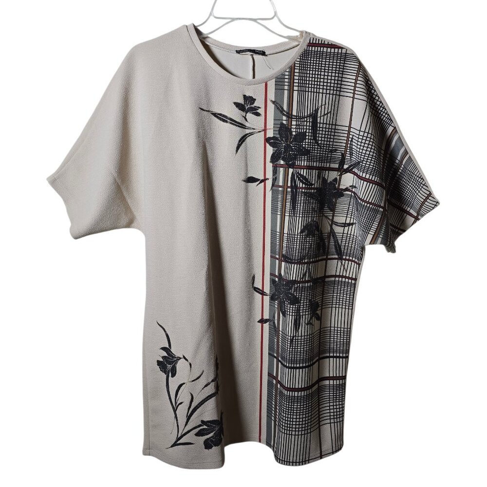 ZARA Tunic Dress Womens Medium Beige Black Abstract Floral Plaid Oversized Top
